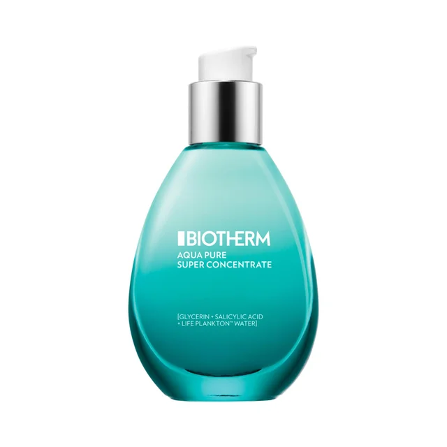 A teardrop-shaped bottle of Biotherm Aqua Pure Super Concentrate serum features a teal glass body, a silver pump dispenser, and white text detailing its key ingredients.