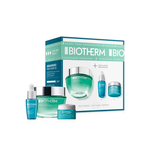 The Biotherm Aquasource Hyalu Plump Hydrating Routine Set includes a full-size gel moisturizer, a travel-size serum, and an eye cream, all packaged in a branded gift box.